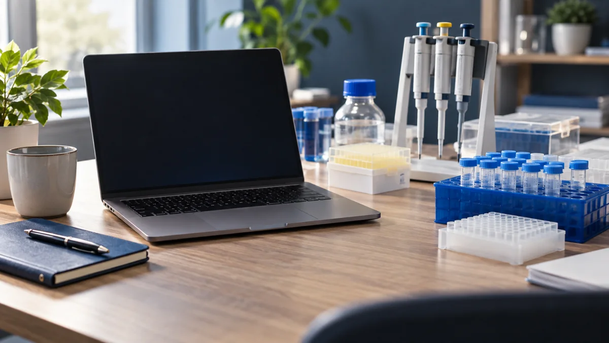 Laptop beside pipettes and laboratory training equipment