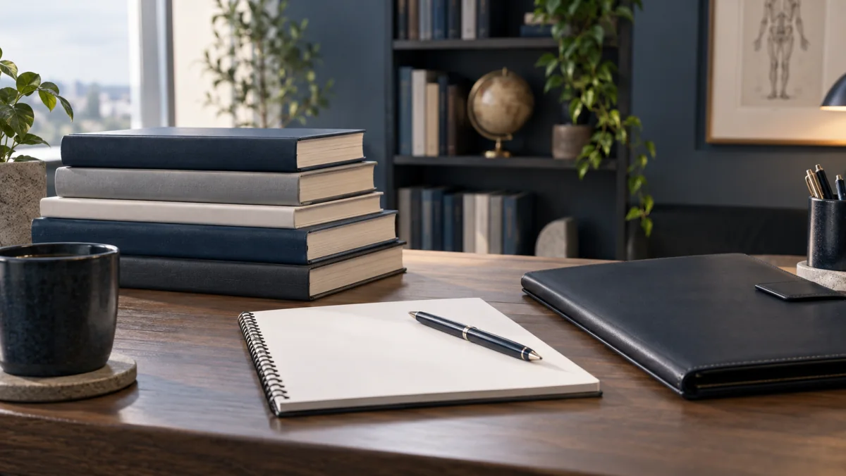 Unbranded medical study books, notebook and portfolio on a desk