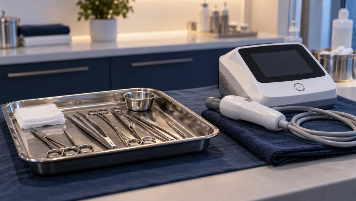 Clinical instrument tray beside an unused non-surgical training device