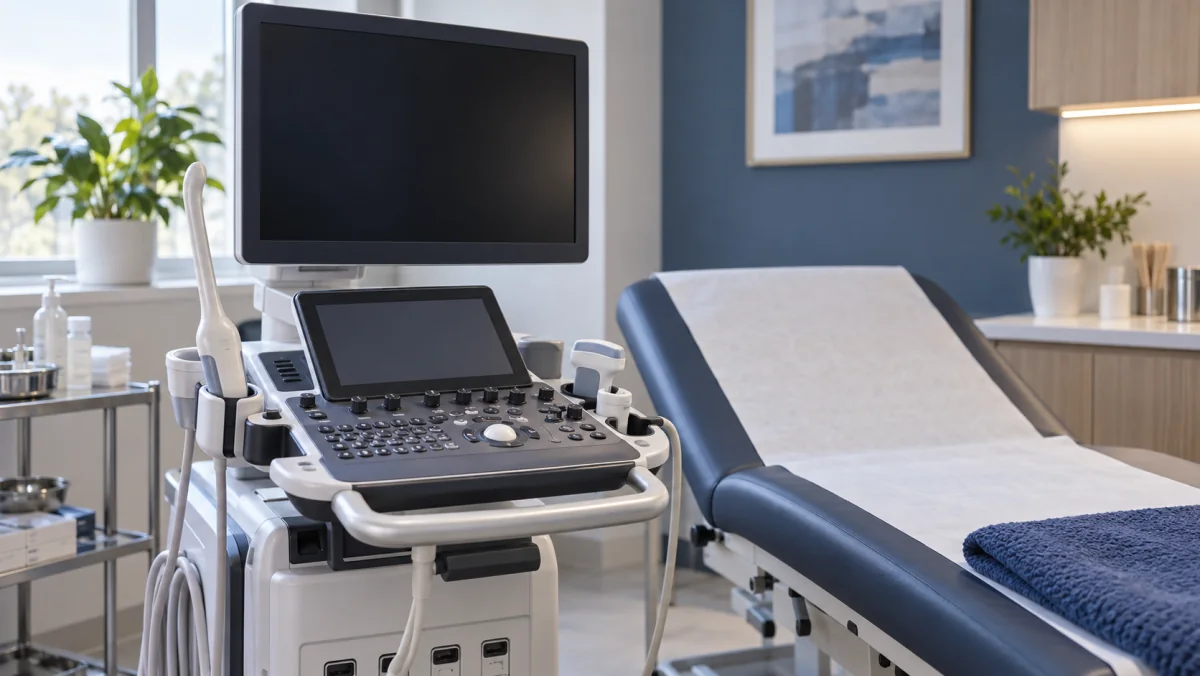 Unoccupied ultrasound console and transducer in a training room