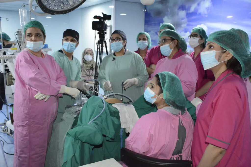 Doctors practising laparoscopic skills at an AECS course in Lahore, Pakistan